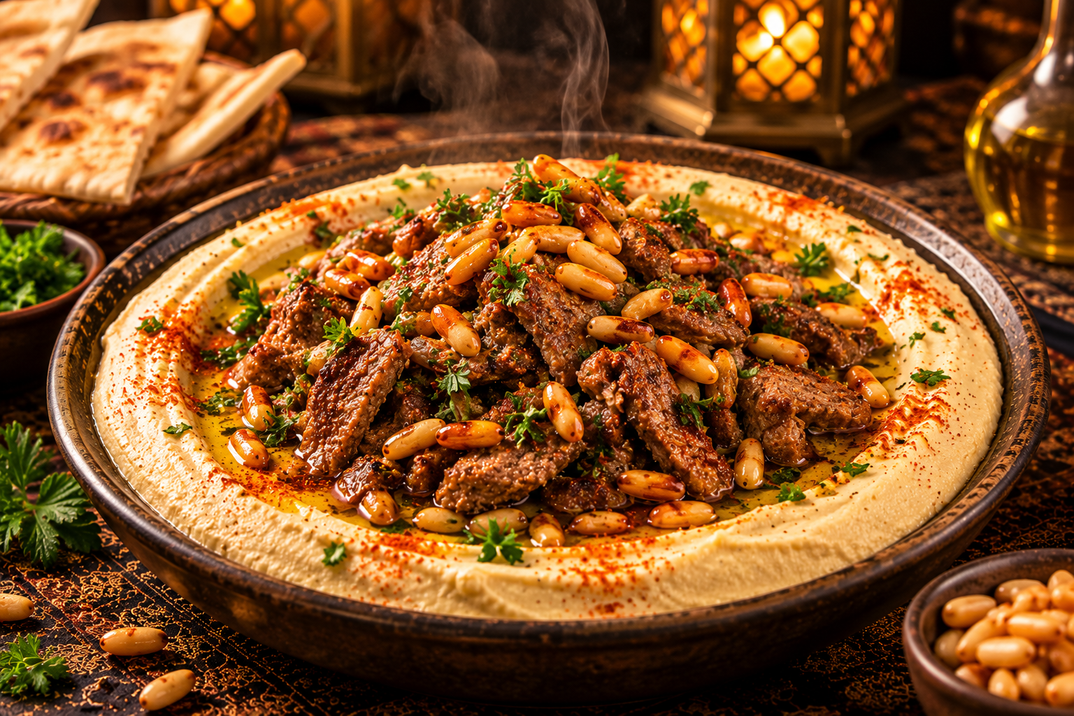 Creamy Hummus with Sizzling Pine Nuts & Meat